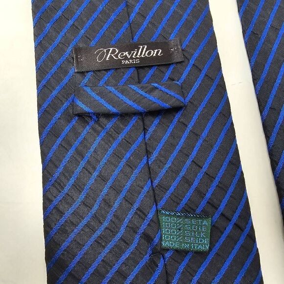 REVILLON PARIS SILK TIE BLACK BLUE STRIPE SEERSUCKER TEXTURED 3.75" X 57" - Picture 3 of 3